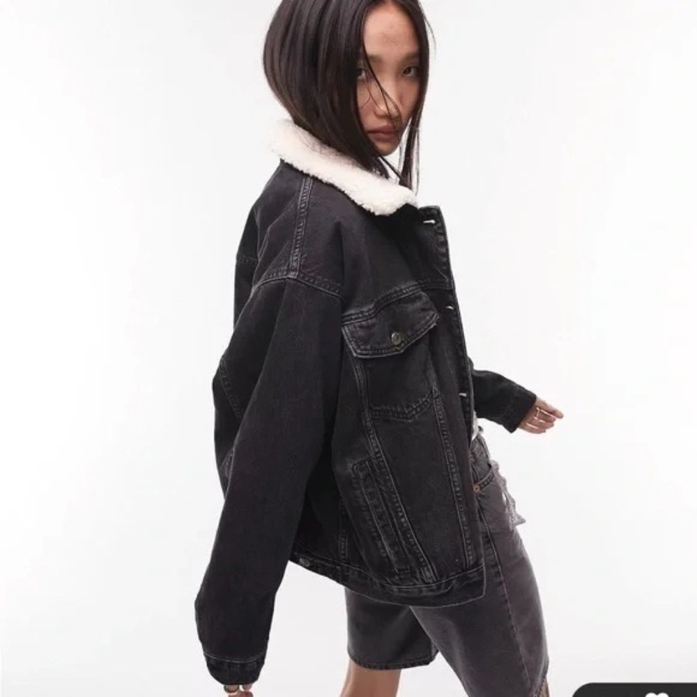 Topshop Moto Sherpa Lined Black Denim Jacket - Picture 3 of 11